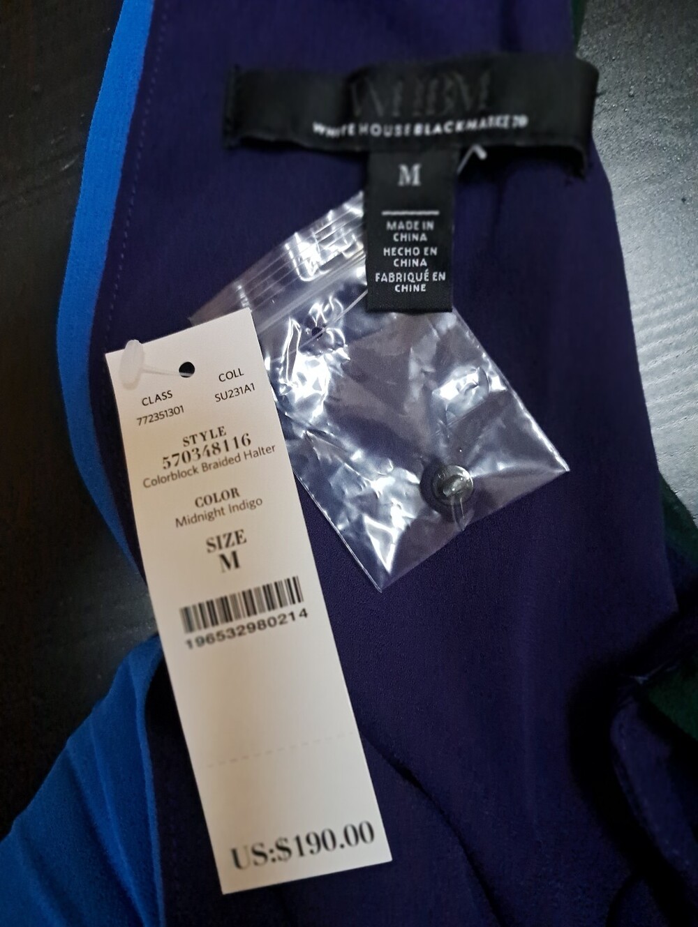 NWT White House Black Market Midnight Indigo Halter Top Sz M Pleated Colorblock